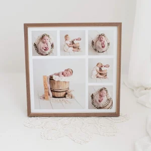 Fotocollage med nyföddbilder med stilren trälist tillverkad i vår ramverkstad.